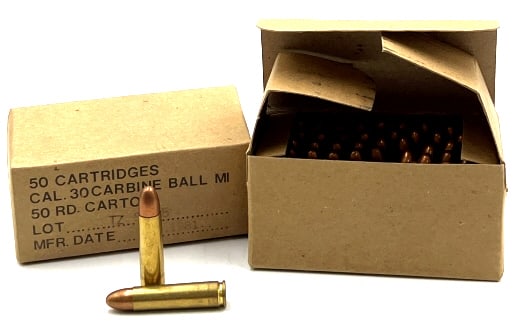 (2) M1 Carbine 30 Caliber Ball Ammo 100 Ct: (2) M1 Carbine 30 Caliber Ball Ammo 100 Ct. Two boxes of M1 Carbine 30 Caliber. Each box contains 50 shells. Box reads MFR Date of 10-1981. The lot number on the boxes states TZ 81-5. Total of 100 she