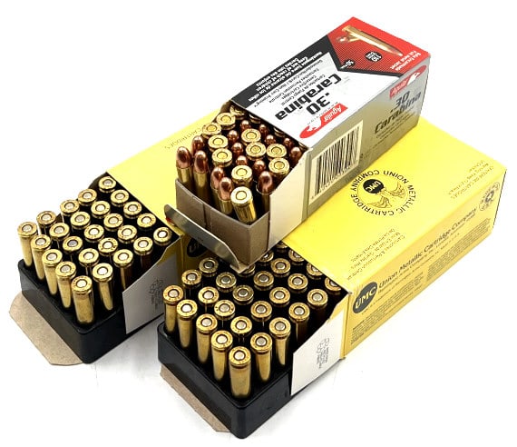 (3) Union Metallic & Aguila 30 Carbine Ammo 150 Ct: (3) Union Metallic & Aguila 30 Carbine Ammo 150 Ct. Two of the boxes are Union Metallic 30 carbine in 110 grain. One box of Aguila 30 Carbine in 110 grain. Total of 150 shells.