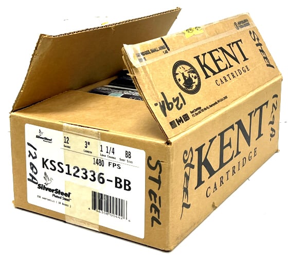 250 Kent Silver Steel .12 Ga 6-Shot Shotshells: 250 Kent Silver Steel .12 Ga 6-Shot Shotshells. This lot contains 10 unopened boxes of Kent Silver Steel 6-shot shotgun shells. This shell is chambered for a 3 inch barrel. Boxes read 1 1/4 load charg