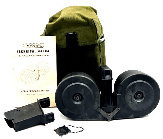 C-Magazine M16 100 Round Capacity with Pouch: 3 Magazines, Stripper Clips & M1 Garand Clips. Two of the magazines are for a 30-06 caliber. One of the magazine is for a Ruger Mini 14. There is 38 stripper clips to this lot. There is 8 M1 garand cl