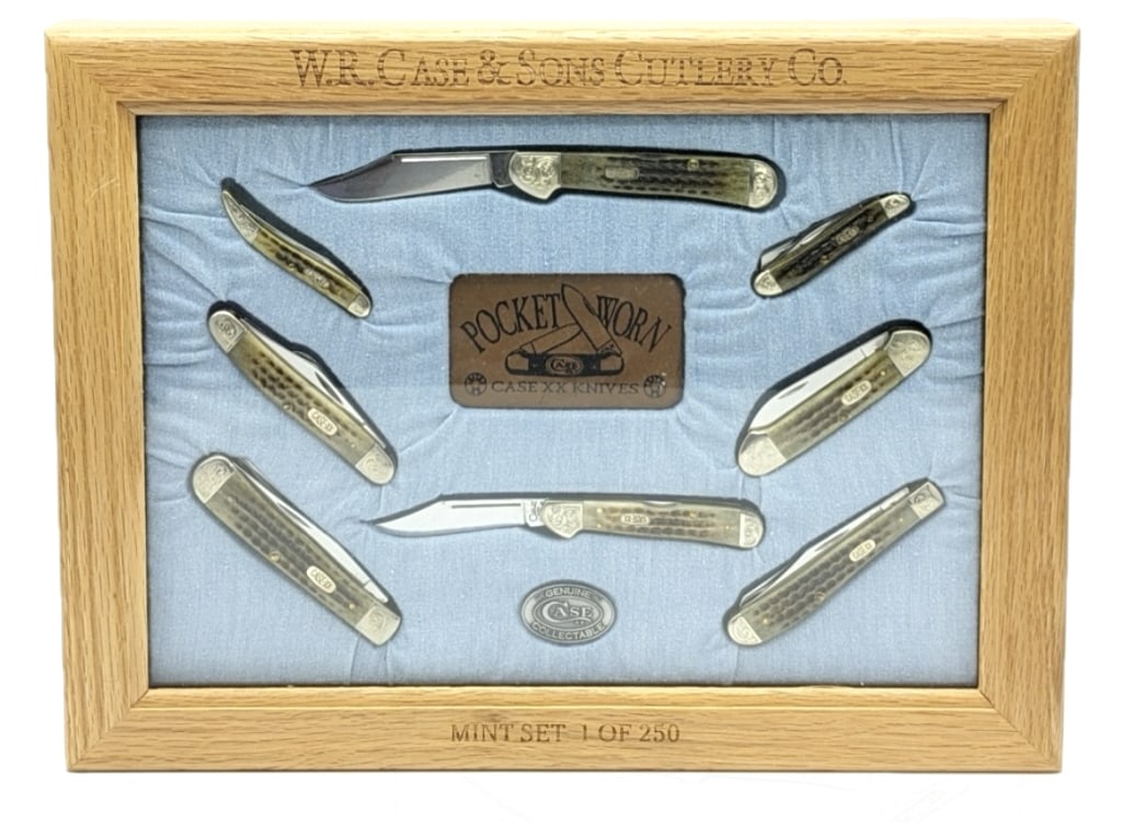 Ltd 1988 Case XX Mint Set w/ Display Case: Ltd 1988 Case XX Mint Set w/ Display Case. Includes eight knives whose models include the Texas Toothpick, Stockman, Trapper, Slimline Trapper, Trapper Nut, Canoe, Mini Copperlock, and Copperlock. Kni