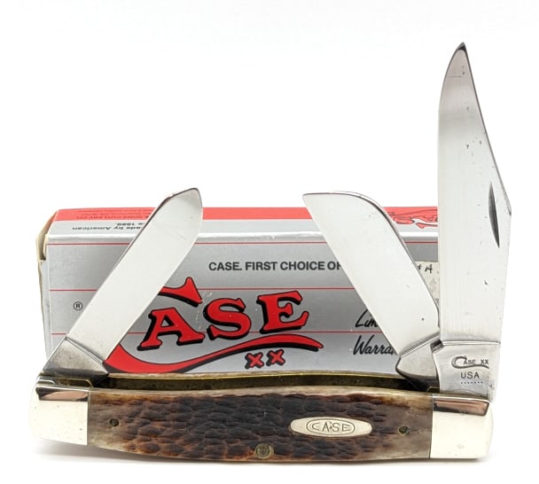 1993 Case XX Jig Bone Large Stockman w/ Box: 1993 Case XX Jig Bone Large Stockman 6375 w/ Box. Knife is in nice condition with minimal wear from handling. Measures 4-1/4in when closed.