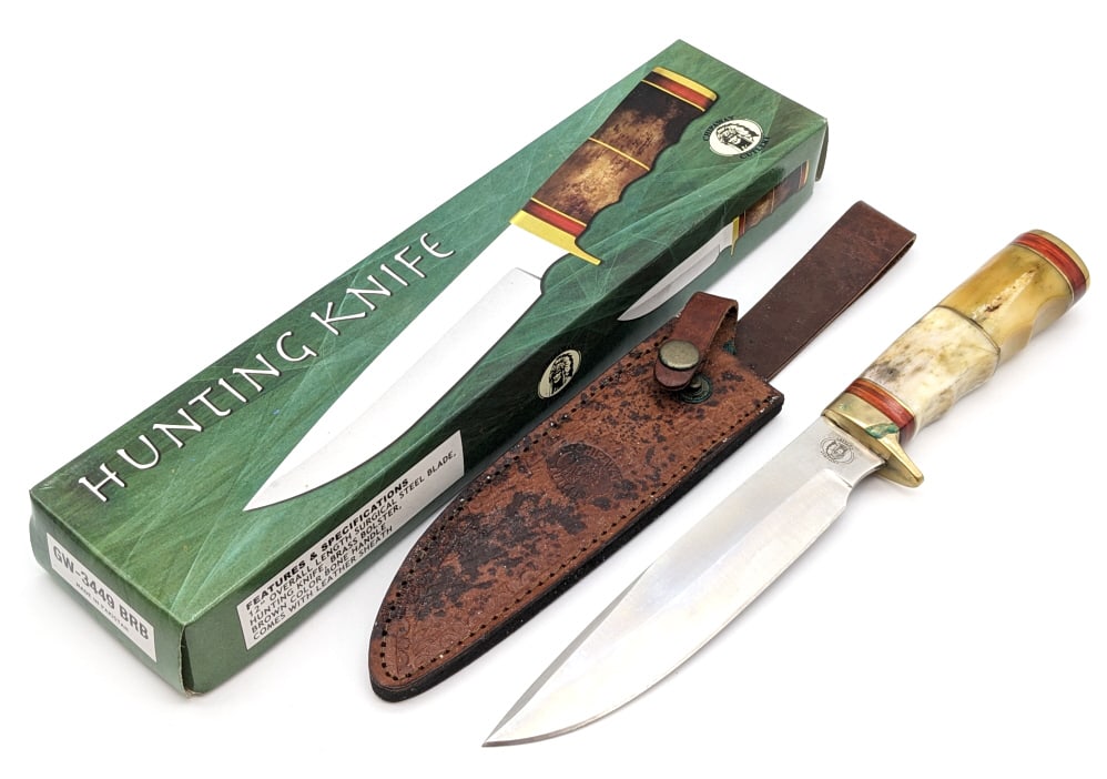 NIB Chipaway Cutlery Fixed Blade Hunting Knife: NIB Chipaway Cutlery Fixed Blade Hunting Knife w/ Sheath & Box. Knife is in new condition with brass hardware and faux bone handle scales. Blade length of 7in and overall length of 11-3/4in.