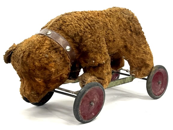 Antique Ride-On Plush Teddy Bear Child's Toy: Antique Ride-On Plush Teddy Bear Child's Toy with Steel frame and wheels. *unmarked, this toy is still in good rolling condition with some wear due to age and play *measures 21in long