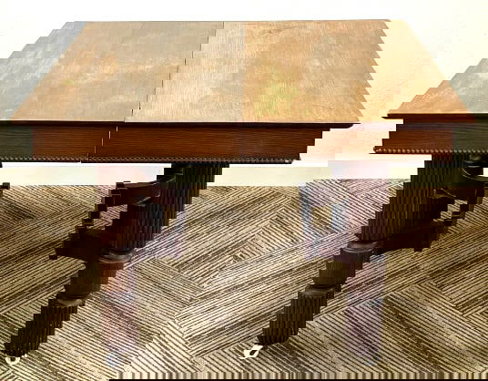 Antique Oak Table with Fluted Legs: Antique Oak Table with Fluted Legs. Wood Beading Along Tabletop. This Table Is On Ceramic Casters. It Includes Four Handmade Oak Leafs For Expansion. Without Leafs the Table Measures 44" W x 44" D x 3