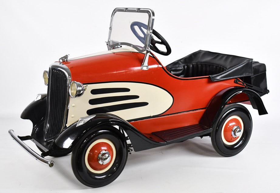 Restored 1932 Steelcraft Buick Pedal Car: Nice restored 1932 Steelcraft Buick pedal car. The car displays very well with rear luggage rack, trunk, headlights, chrome features, and windshield. Good condition. Measures approximately 46" long. B