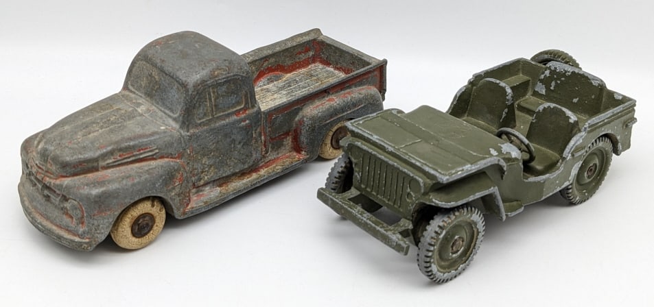 (2) Dale's WWII Jeep & National Prod. Promo Truck: Dale Model Co. Cast Metal WWII Jeep and National Products 1948 Ford Pick Up Promo Truck. The jeep is marked with Dale Model Co. Chicago on the rear tire. It has some paint loss, and wear from play and