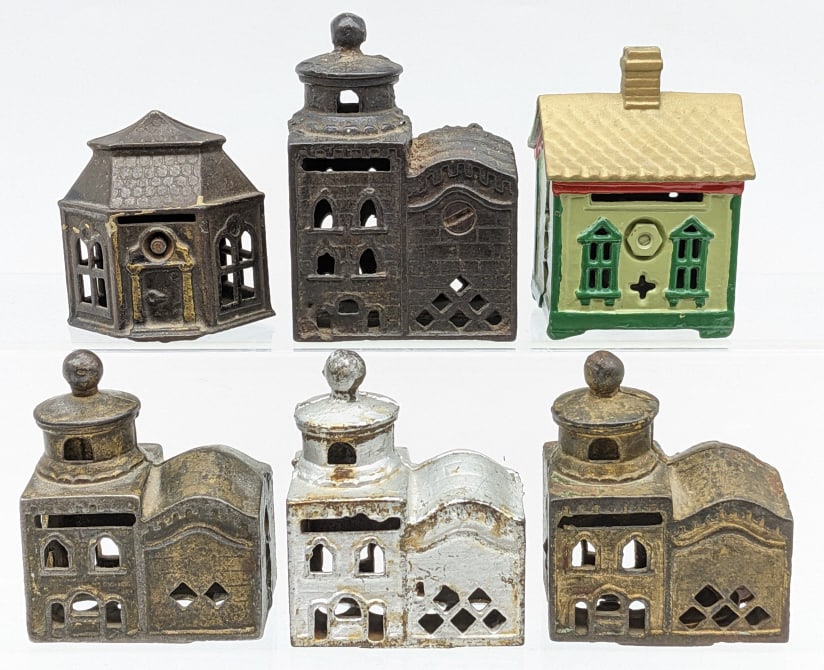 (6) Cast Iron Still Building Banks (1 of 5)