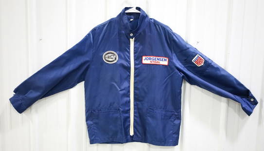Jorgensen Steel All American Racers Windbreaker: 1970’s Jorgensen Steel All American Racers Windbreaker. The jacket is in nice used condition and is size large. Has Jorgensen Steel sponsor patch and Gurney Eagle Racing patch on the front, AAR