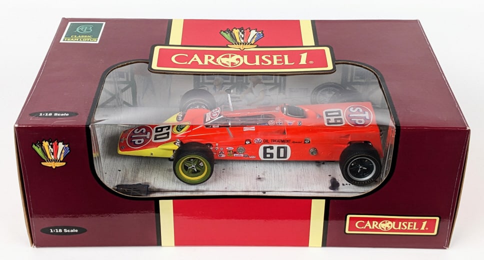 1/18 Carousel 1 Joe Leonard STP Lotus #60: 1/18 Scale die-cast Carousel 1 1968 Indianapolis 500 Pole #60 Joe Leonard / STP Lotus 56 Turbine car. Limited edition 1 of 2550. Good condition in the box.