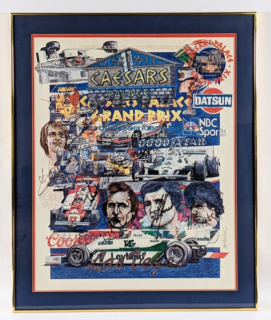 Ron Burton Caesar's Palace Grand Prix Signed Print: Ron Burton Caesar's Palace Grand Prix 1981 Signed Print. Signed by Mario Andretti, Alan Jones, Alain Prost, Riccardo Patrese, and more. Features Ron Burton's signature and measures 28-1/4in x 34-1/4in