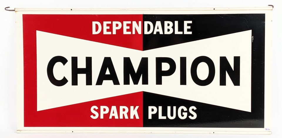 Champion Spark Plugs DST Hanging Advertising Sign: Champion Spark Plugs DST Hanging Advertising Sign. Sign is in very nice condition with minimal wear on the faces and light wear on the edges from age. Sign is marked in the bottom edge with manufactur