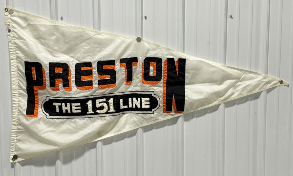 5ft Vintage Preston Trucking Pennant Flag: Large 5ft vintage Preston trucking pennant flag by the Colonial Flag Company. Appears to be in overall good ocndition with discoloration / staining, and wear from use and age. It measures approxiamtel