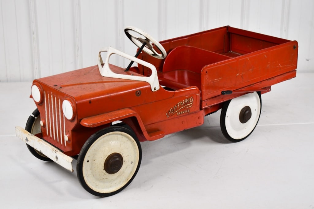 Sherwood Toys Lightning Service Dump Truck Pedal: Sherwood Toys Lightning Service Dump Truck Chain Drive Pedal Car/Jeep. The jeep is in original condition with some areas of repaint. The bed and seat area dumps, and the tailgate opens. The car has pa