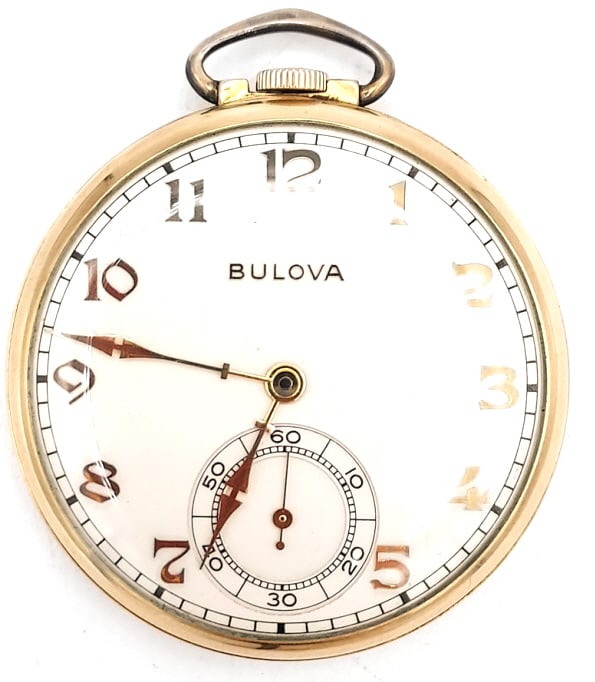 Swiss Bulova Movement 17H Open Face Pocket Watch: Swiss Bulova open face pocket watch. Movement 17H, 15 jewels, size 12. Comes in nice used condition, runs well. Produced in the 1970's, Bulova 10K rolled-gold plate case, initialed on the case back.