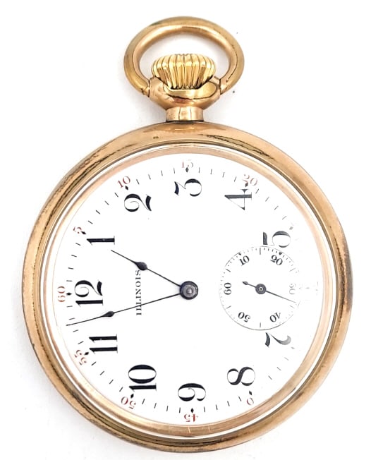 1909 Illinois Grade 172 Open Face Pocket Watch: Illinois Grade 172 open face pocket watch. Model 4, 11 jewels, size 16. Comes in good used condition with plate wear to the case, runs well. Produced in 1909, Keystone J. Boss Twenty Year case.