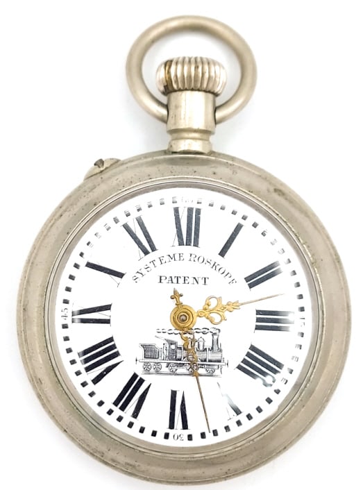 Swiss Systeme Roskopf Open Face Pocket Watch: Antique Swiss Systeme Roskopf open face pocket watch. Nice face featuring a steam locomotive, size 18. Comes in nice condition, runs well. Produced in early 1900's, Silvertone case.