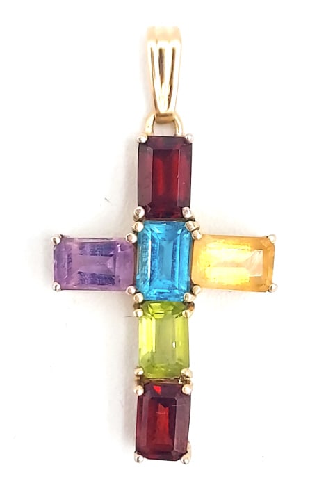 14K Yellow Gold Multi-Gemstone Cross: Ladies 14k yellow gold multi-gemstone cross. Measures 1" tall x 5/8" across, total weight approximately 2.43 grams.