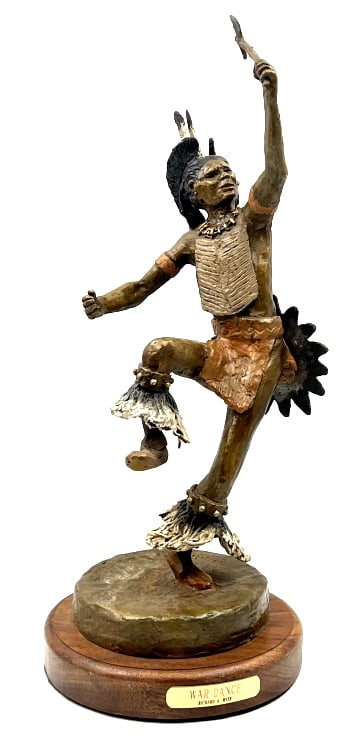 2009 Richard A. Meyer "War Dance" Bronze Sculpture: 2009 Richard A. Meyer "War Dance" Bronze Sculpture Signed. This unique sculpture displays nicely and overall measures approximately 17in x 16in sitting on a wood base. Sculpture is signed on lower bac