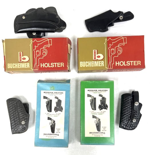 (4) Brauers & Bucheimers Leather Holsters in Box: (4) Brauers & Bucheimers Leather Holsters in Box. Quick draw and 4? semi shoulder large frame. 4 total new in factory box holsters. New old stock
