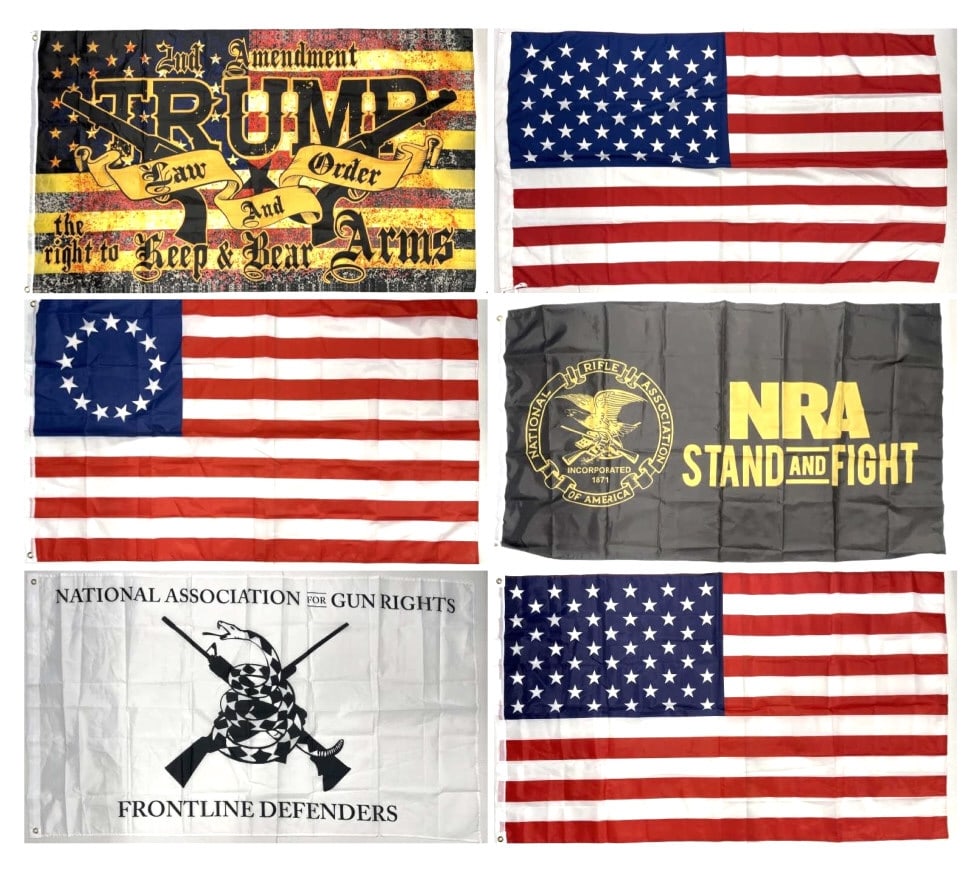 (6) NRA, Trump & American Flags: (6) NRA, Trump & American Flags . NRA, Trump, 3 American Flags. 6 flags in total. Also a small black range bag