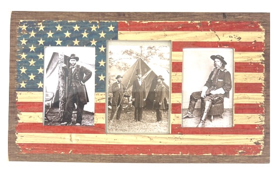 Civil War Soldiers with Abraham Lincoln: Civil War Soldiers with Abraham Lincoln. This lot consist of three reprint photos of Civil War Soldiers with President Abraham Lincoln. The photos are nicely framed with a american flag decor. Frame m