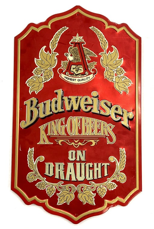 Budweiser King of Beers Advertising Sign: Budweiser King of Beers Advertising Sign. The Budweiser sign is in very nice used condition. Sign reads Anheuser Busch Inc Brewers of Budweiser Beer St Louis Mo USA. Sign measures 15 x 25.5 inches. Th