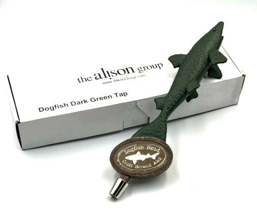 Dogfish Head Craft Brewed Ales Beer Tap: Dogfish Head Craft Brewed Ales Beer Tap. This Tap Is Of The Dark Green Dogfish. It Is New And Comes In The Original Box. It Measures 12" x 3 1/2" x 2".