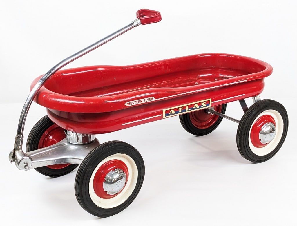 Western Flyer Atlas Full Ball Bearing Wagon: Western FLyer / Murray "Atlas" full ball bearing wagon. The wagon has original paint and decals. The chrome hubcaps have been replaced and the wheels have been repainted. Measures approximately 39" lo
