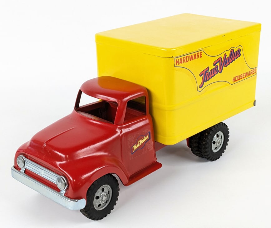 Restored Tonka True Value Delivery Box Truck: Restored Tonka True Value box van delivery truck. The truck has an older restoration with some pitting under the paint on the bed and minor rub marks. Measures approximately 14-1/2" long.