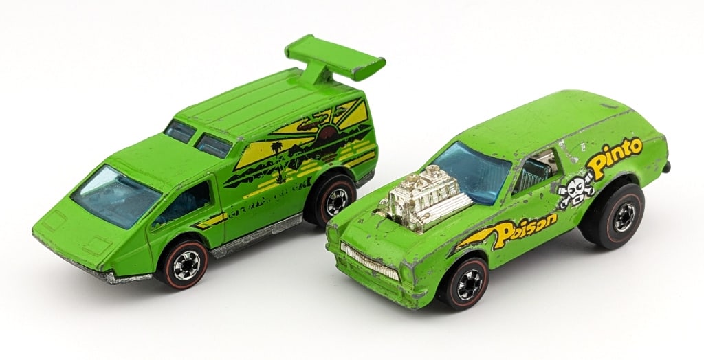 2) Hot Wheels Redline Poison Pinto & Spoiler Sport: (2) Hot Wheels Redline Poison Pinto and Spoiler Sport. The cars have some wear to the tampos, pant chipping, and wear from play / age.