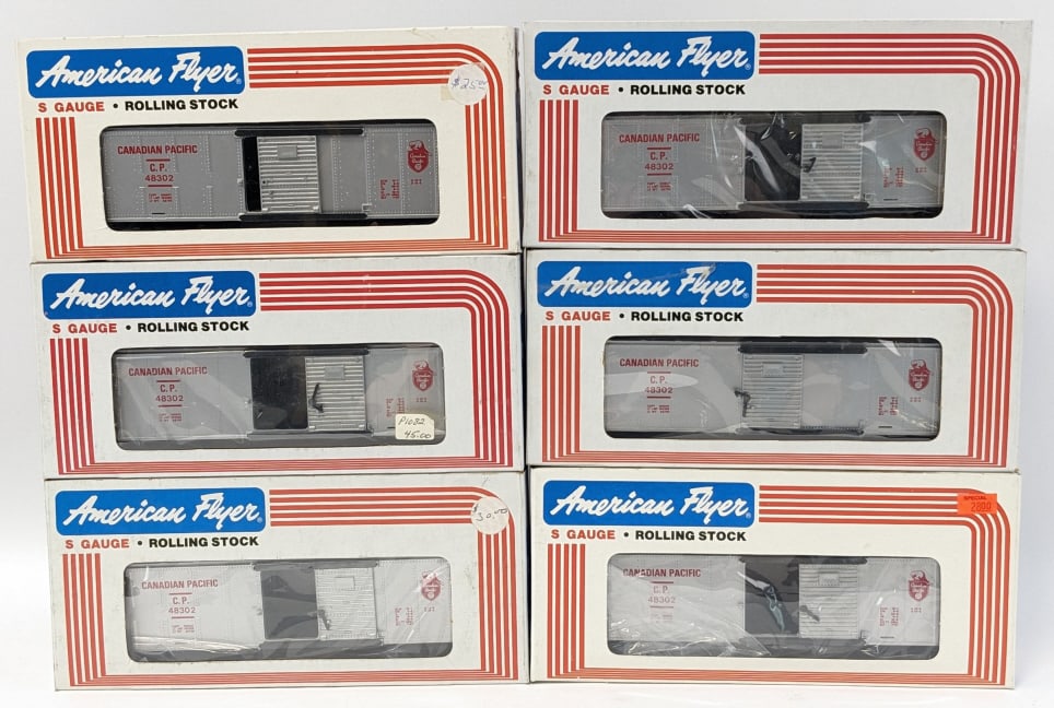 (6) American Flyer Canadian Pacific Boxcars #48302: (6) American Flyer S Gauge Canadian Pacific boxcars #48302. All come in the original boxes with wear from storage.
