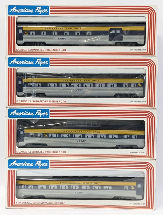 American Flyer Chesapeake & Ohio Passenger Cars: American Flyer S Gauge Chesapeake & Ohio passenger cars. Includes combo car #48900, passenger car #48901, vista dome car #48902, and observation car #48903. All come in the original boxes with wear fr