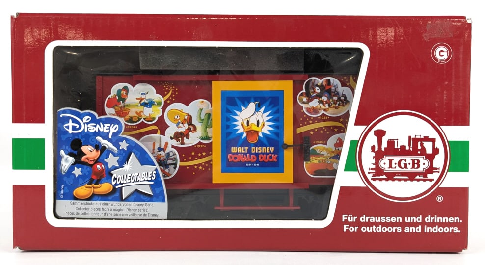 LGB Disney Donald Duck Boxcar #44357: LGB G Gauge Disney Donald Duck boxcar #44357. Good condition in the box.