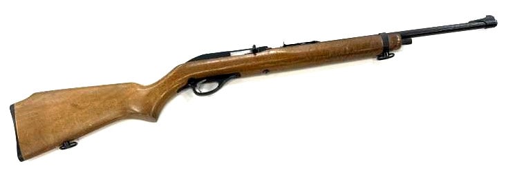 Glenfield Model 75 .22 LR Rifle: Glenfield Model 75 .22 LR Rifle. Manufactured by the Marlin Firearms Co. Gun shows field wear and light surface rust to the barrel. Barrel measures 18 inches in length. Original recoil plate on rifle.