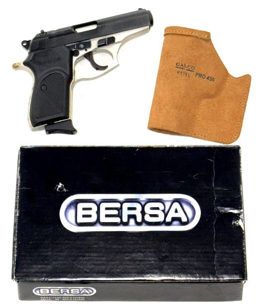 Bersa Thunder .380 ACP Semi-Auto Pistol: Bersa Thunder .380 ACP Semi-Auto Pistol. The Bersa Thunder is in nice used condition. Barrel measures 3 3/4 inches in length. Bersa obtains the original black plastic grips. Pistol comes with a Galco 