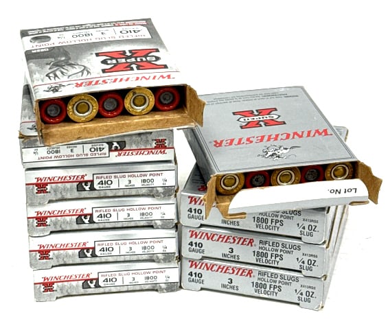 50 Shells of Winchester 410 Ga. Rifled Slug Ammo: 50 Shells of Winchester 410 Ga. Rifled Slug Ammo. The Winchester 410 slugs are still in the original boxes. Boxes read rifled slugs 3 inch 1/4 OZ. Quality ammo in a very popular gauge.