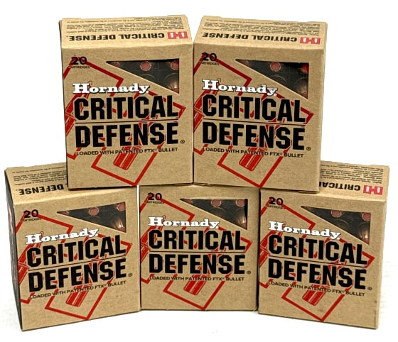 100 Rds. Hornady Critical Defense 45 Auto 185gr: 100 Rds. Hornady Critical Defense 45 Auto 185gr. This lot contains 5 original boxes of Hornady Critical Defense 45 Auto 185gr FTX Brass Case Cartridges Ammunition.