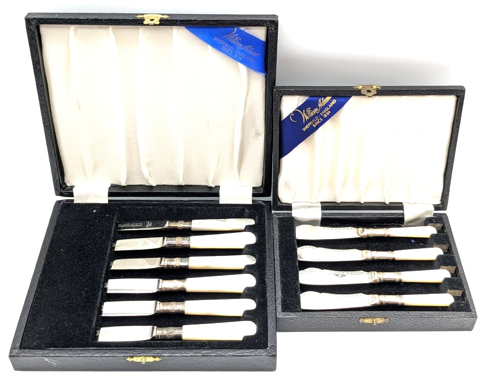 William Adams Sheffield Pearl Handle Knife Sets: William Adams Sheffield Pearl Handle Knife Sets. Sets feature cheese and small serrated knives and are in very nice condition. Also feature mirror polished blades, stamped metal bands, and quality pea
