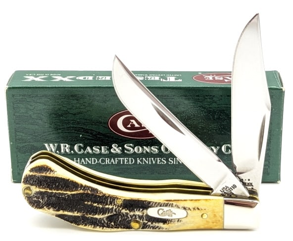 2004 Case XX Bonestag Saddlehown TB6.52110 w/ Box: 2004 Case XX Bonestag Saddlehown TB6.52110 w/ Box. Knife is in like new condition. Overall measures 3-1/2in when closed.