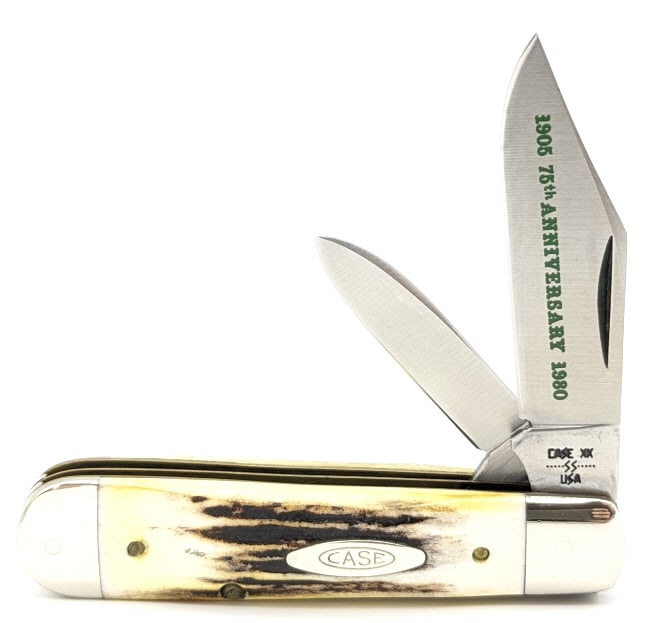1980 Case XX 75th Anniversary Stag Jack Knife: 1980 Case XX 75th Anniversary Stag Jack Knife 5235 1/2. Knife is in very nice condition with light scuffs on the bolsters from handling. Overall measures 3-1/2in when closed.