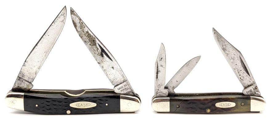 1974 & 76 Case XX Jig Bone Peanut & Muskrat: 1974 & 76 Case XX Jig Bone Peanut & Muskrat. Both knives are in used condition with scuffs, scratches, and other wear on the bolsters and blades. Largest overall measures 3-7/8in when closed.