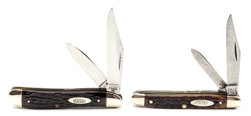 1965-69 Case XX Jig Bone Peanut & Small Stockman: 1965-69 Case XX Jig Bone Peanut 6220 & Small Stockman 6227. The peanut is in nice polished condition and the small stockman is in fair used condition. Largest overall measures 2-7/8in when closed.