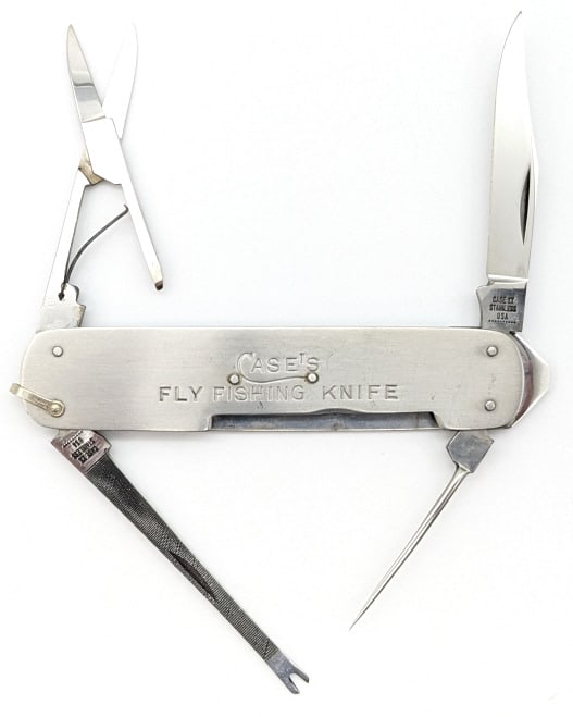 1970 Case XX Stainless Steel Fly Fishing Knife: 1970 Case XX Stainless Steel Fly Fishing Knife. Knife is in very nice condition with light scuffs on the handle, and minimal signs of use. Overall measures 4-1/8in when closed.