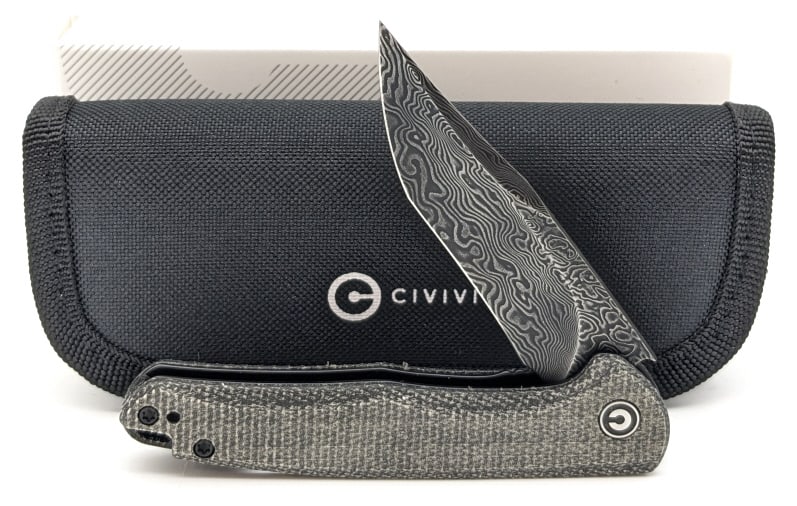 NIB Civivi Mini Sandbar Damascus Flipper Knife: NIB Civivi Mini Sandbar Flipper Folding Knife. Comes with a carrying case and polishing cloth. Features a damascus trailing point blade, and black micarta handle scales. Overall length of 4in when clo