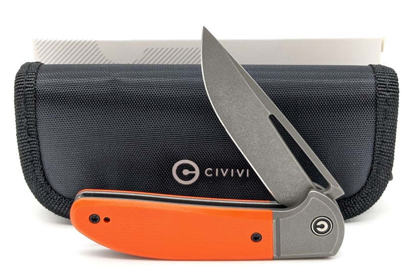 NIB Civivi Trailblazer Slip Joint Folding Knife: NIB Civivi Trailblazer Slip Joint Folding Knife. Comes with a carrying case and polishing cloth. Features a drop point blade, and orange G-10 handle scales. Overall length of 4in when closed.