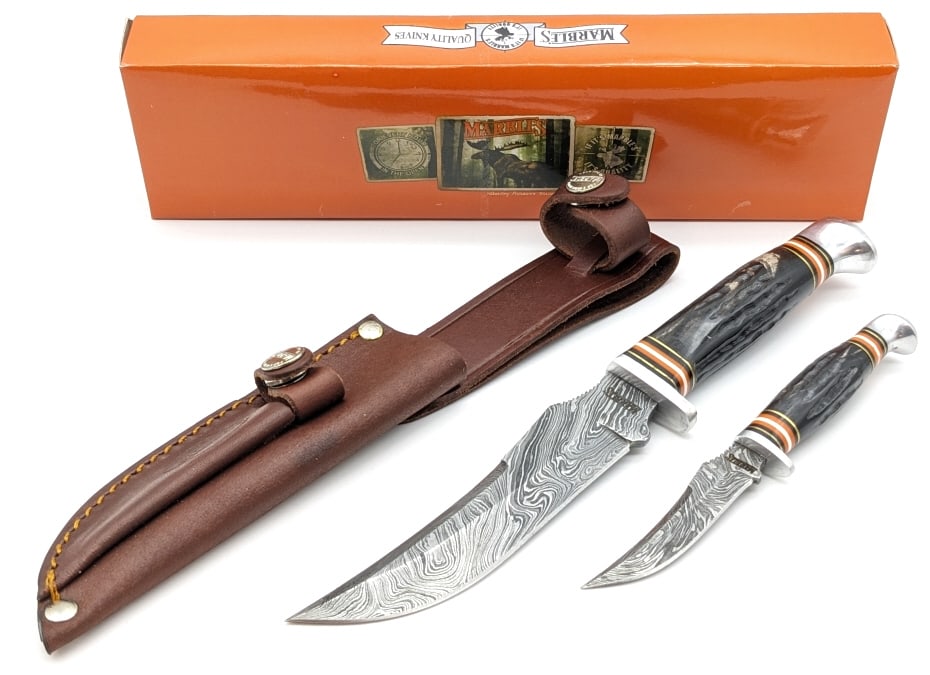NIB Marbles Damascus Jig Horn Hunting Knife Set: NIB Marbles Damascus Jig Horn Hunting Knife Set MR455 w/ Sheaths.