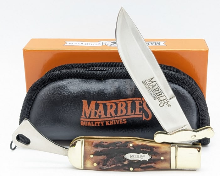NIB Marbles Stag Saftey Folding Knife w Carry Case: NIB Marbles Stag Saftey Folding Knife w/ Carry Case MR204. Overall length of 6-1/4in when closed.