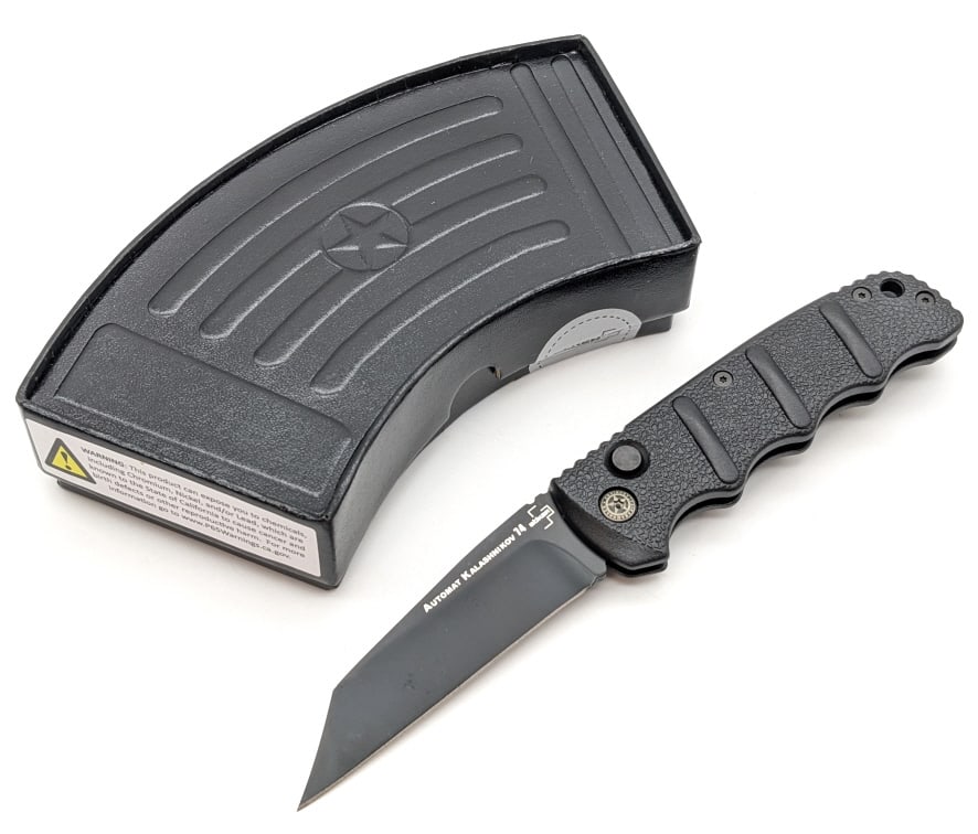 NIB Boker Plus Automat Kalashnikov 74 Auto Knife: NIB Boker Plus Automat Kalashnikov 74 Auto Knife. Features a black finish reverse tanto blade and black plastic handle scales. Overall length of 4-1/4in when closed.