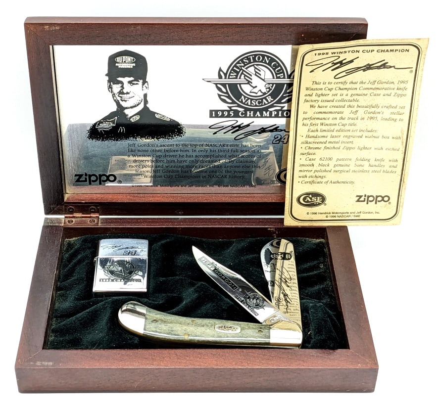 1996 Case XX Jeff Gordon Winston Cup Saddlehorn: 1996 Case XX Jeff Gordon Winston Cup Saddlehorn Zippo Set. Knife features the zippo logo and serial number 0670 engraved on the upper front bolster, and Jeff Gordon etchings on the blades. Knife is in